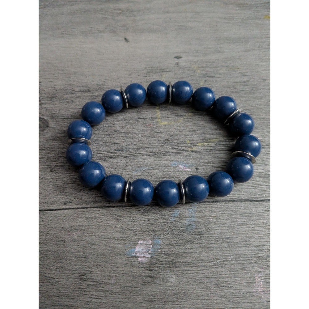 Navy Blue Beaded Stretch Bracelet Silver Tone Spacer Accents Minimalist Jewelry
